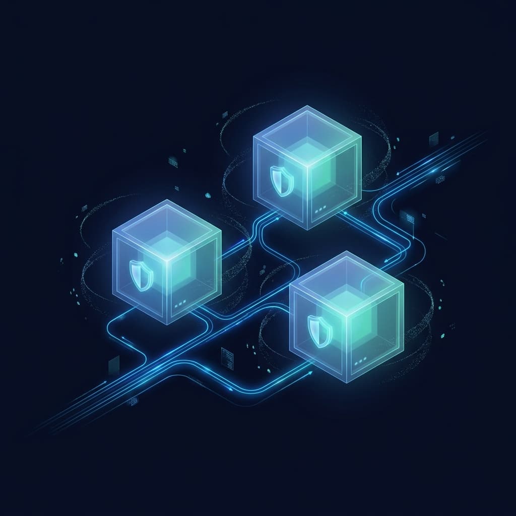 Isometric illustration of isolated Kubernetes containers connected by glowing blue lines