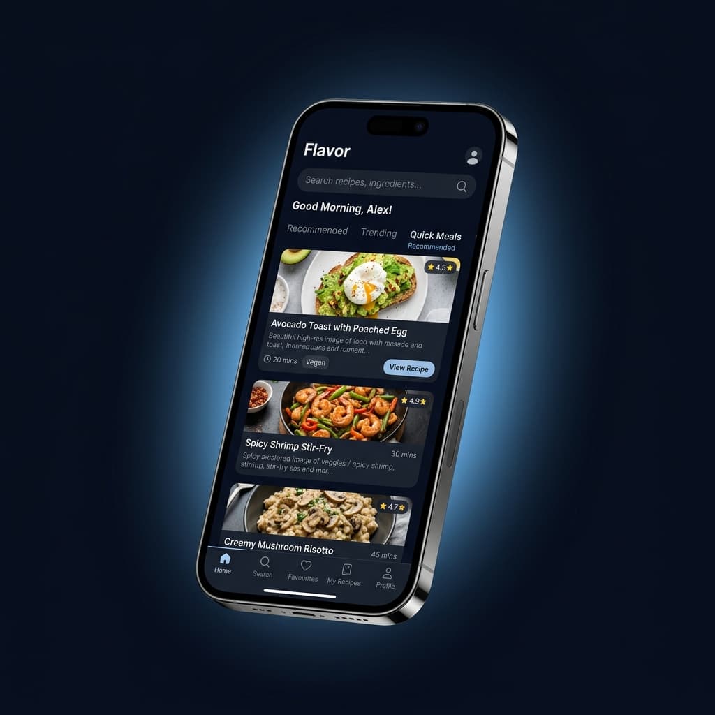 A recipe mobile app built with Pocket Expo, showing a beautiful dark UI with recipe cards and tab navigation